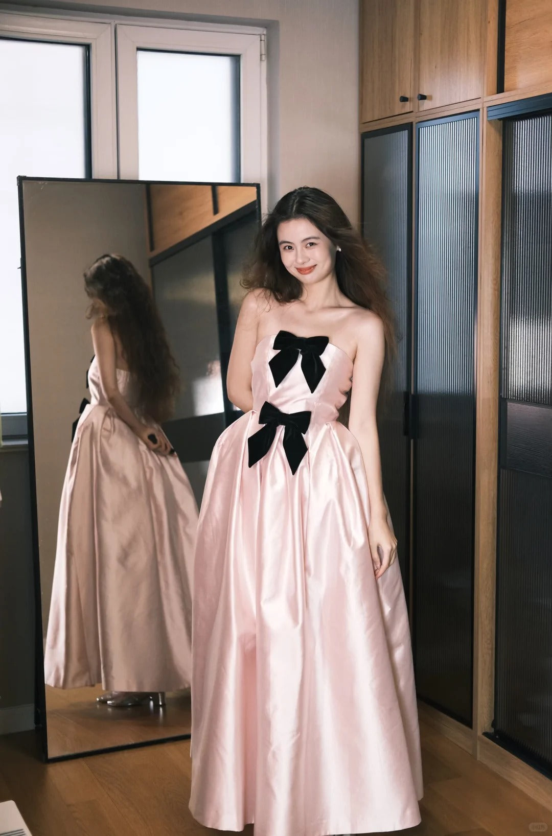 Süßes Prinzessinnen-Kleid mit rosa Schleife, A-Linie, Satin, langes Ballkleid, Geburtstagskleid P4756