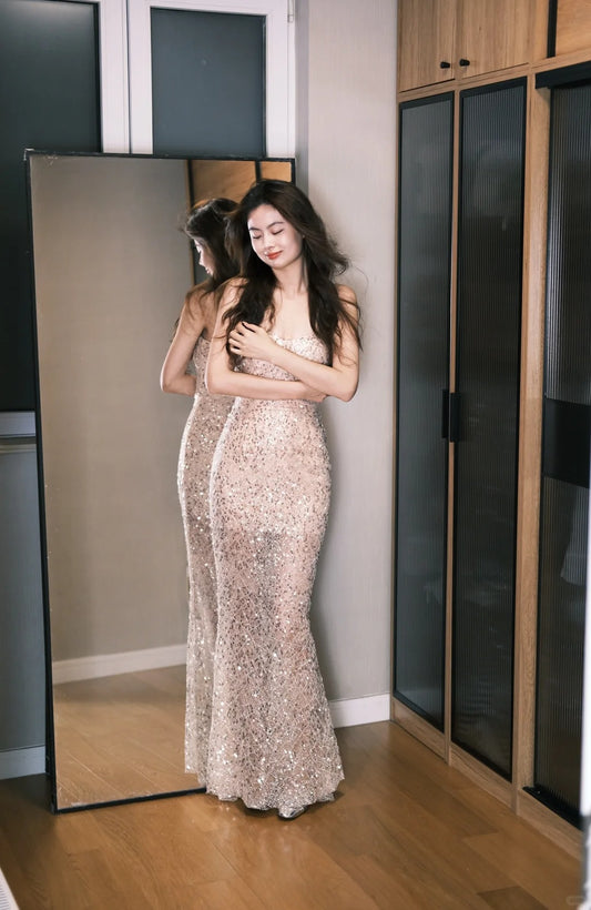 Sexy trägerloses Meerjungfrauen Pailletten Tüll langes Ballkleid Abendkleid P4765