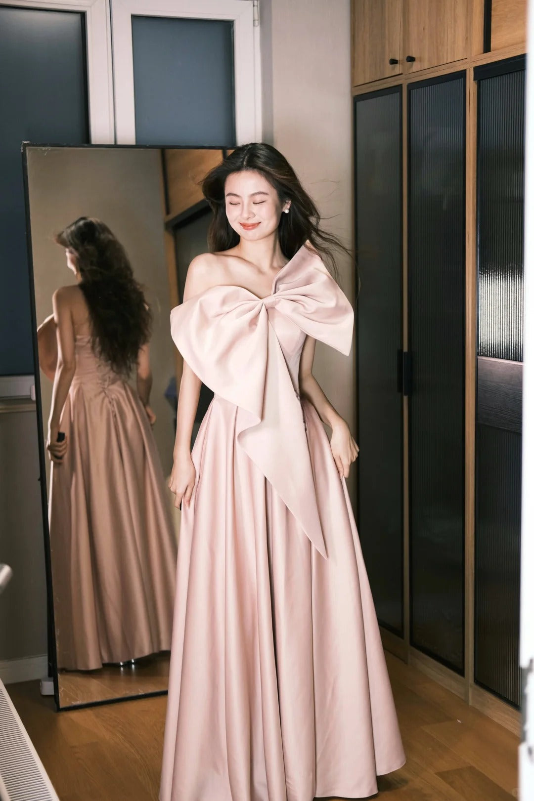 Süßes rosafarbenes A-Linien-Satin-Kleid mit großer Schleife für den Abschlussball, Geburtstagskleid P4773