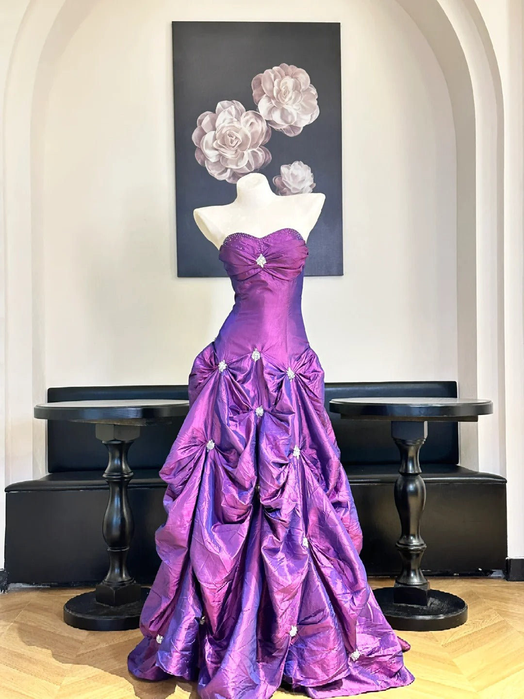 Vintage Violett Trägerlos Strass Rüschen Satin Langes Ballkleid Abendkleid P4777