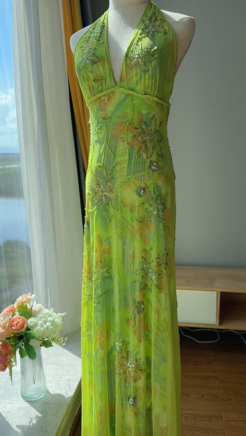 Stunning Green Halter V-Neck Beaded Chiffon Long Prom Dress Birthday Dress P4783
