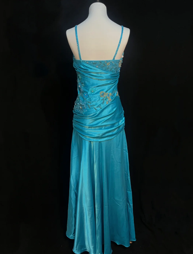 Luxurious Lake Blue Spaghetti Strap Beaded Ruffled Satin Long Prom Dress Evening Dress P4785