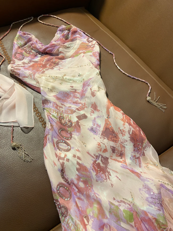 Bedrucktes Vintage-Halterneck-Kleid, asymmetrisch, geraffte Chiffon, langes Ballkleid, Abendkleid P4793