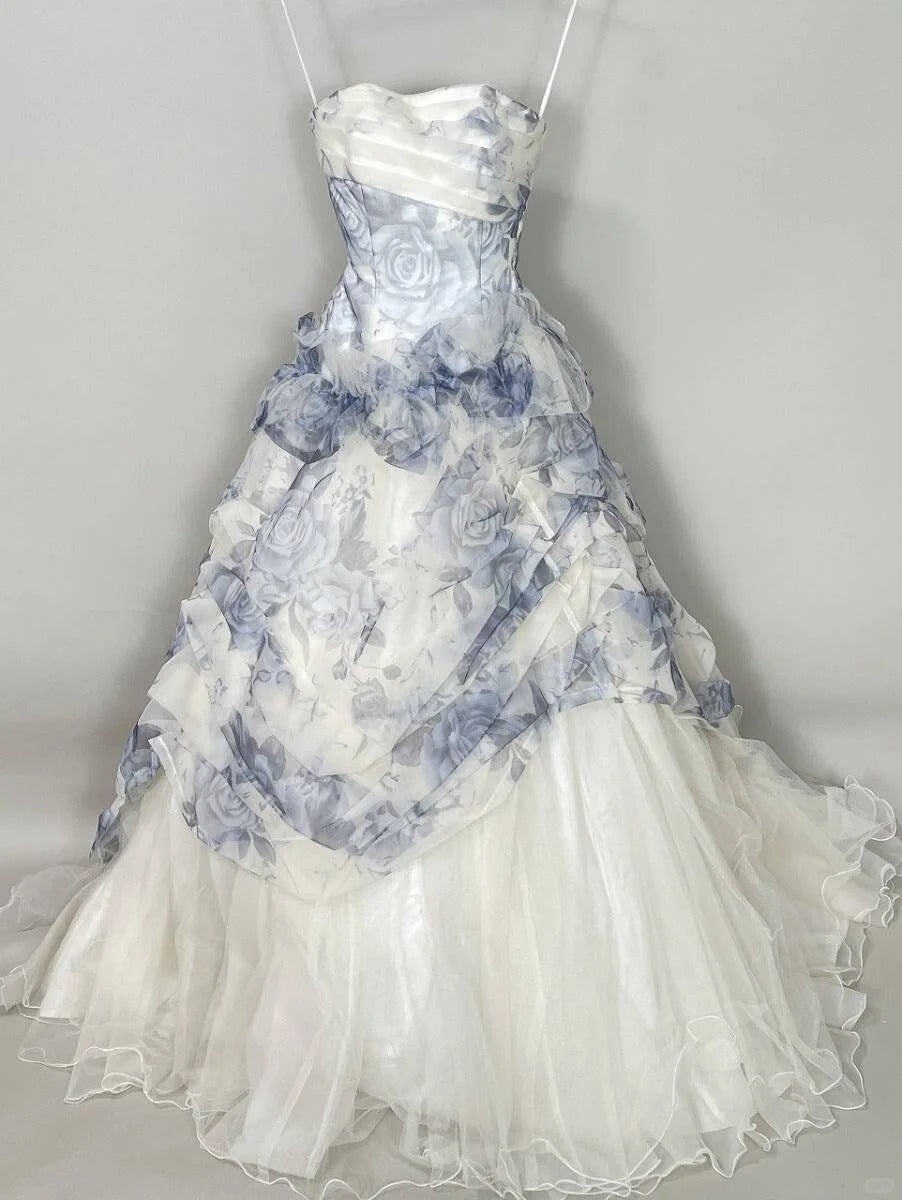 Vintage Blue & White Rose Print Layered Organza Train Prom Dress Sweet – PreppyDress