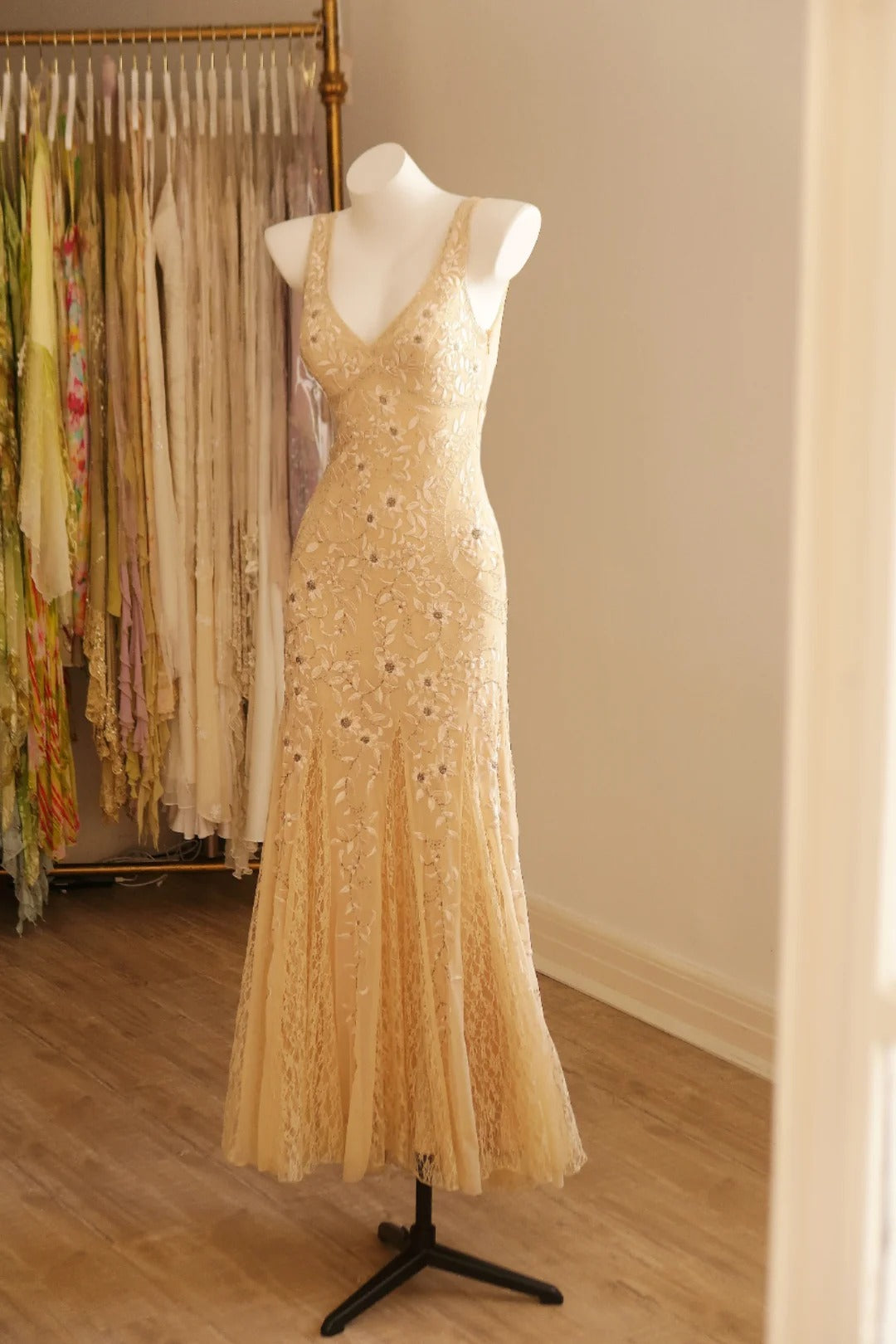 Elegantes Champagnergold Meerjungfrau V-Ausschnitt Bestickte Spitze Tüll Langes Ballkleid Abendkleid P4808