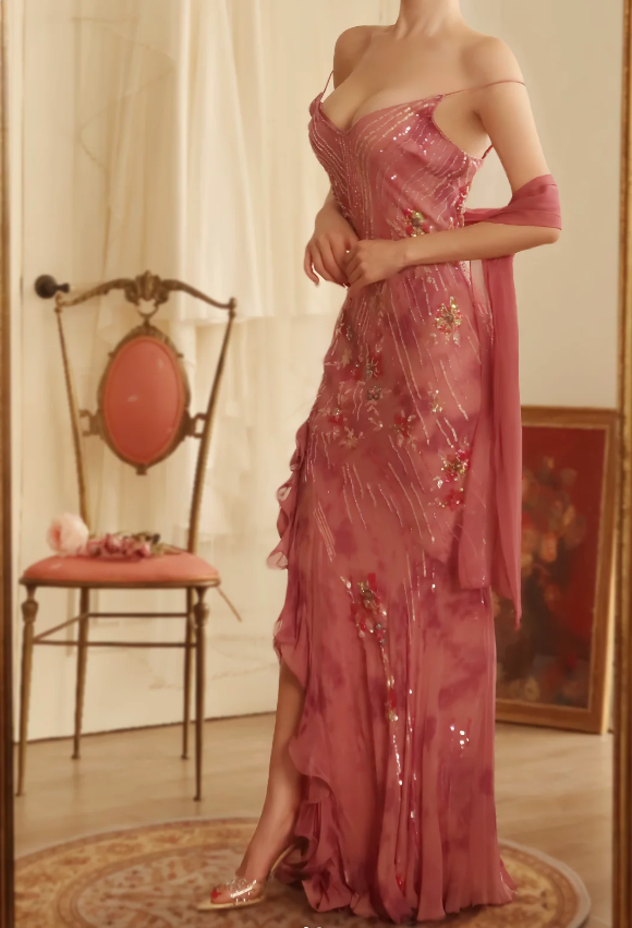 Vintage Pink Mermaid Spaghetti Strap Sequin Chiffon Long Prom Dress Ev – PreppyDress