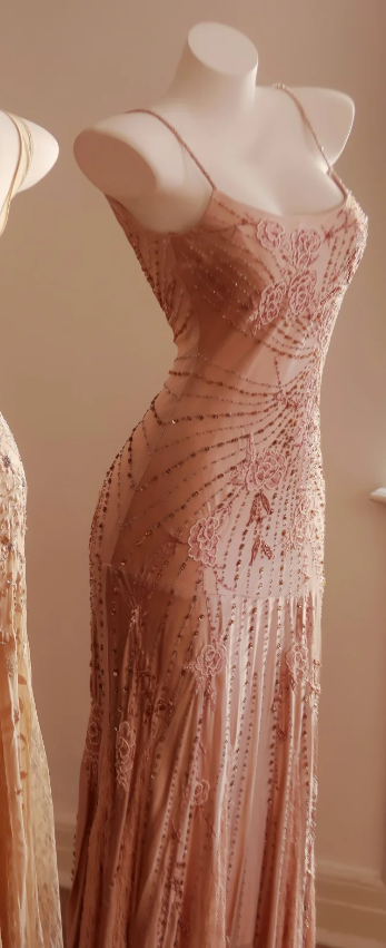 Elegant Pink Spaghetti Strap Beaded Chiffon Long Prom Dress Evening Dress P4813