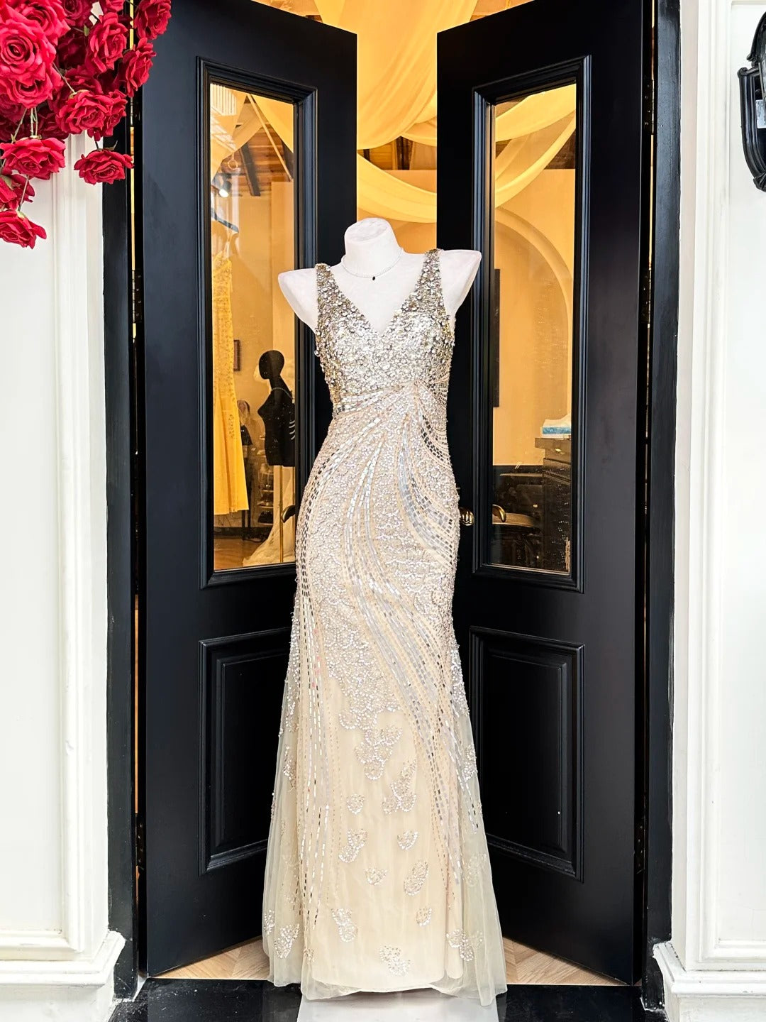 Luxurious Sparkling Champagne Mermaid V-Neck Sequin Tulle Long Prom Dr – PreppyDress
