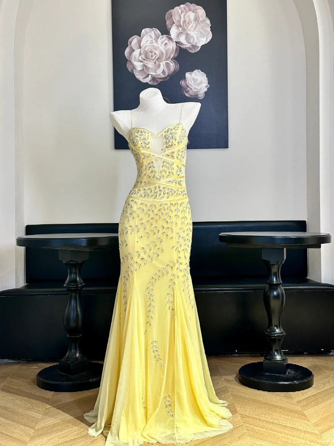 Vintage Yellow Mermaid Leaf Beaded Tulle Long Prom Dress Evening Dress Vintage Yellow Mermaid Leaf Beaded Tulle Long Prom Dress Evening Dress