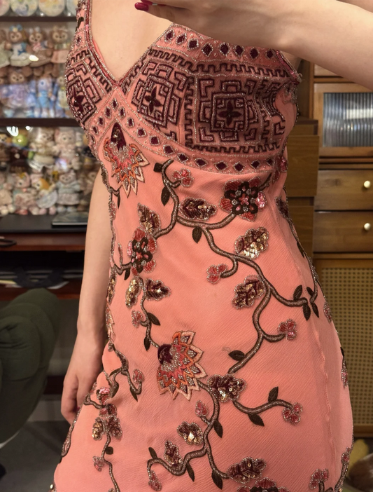 Vintage Pink Spaghetti Strap Sequin Floral Embroidery Slim Chiffon Prom Dress Evening Dress P4838