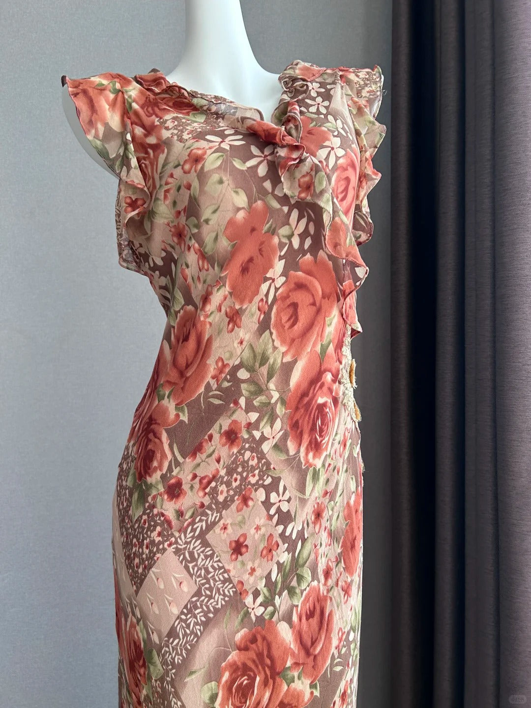 Vintage Kaffee Rosa Ärmellos Rüschen Meerjungfrau Chiffon Langes Ballkleid Abendkleid P4841