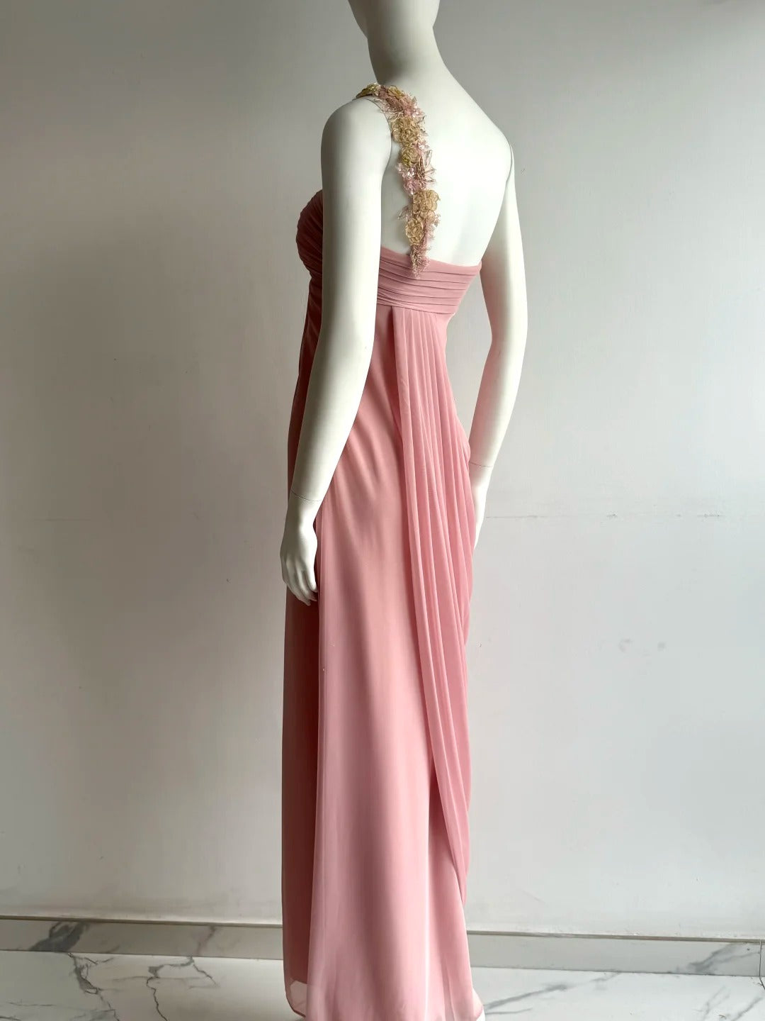 Elegantes pinkfarbenes, schulterfreies gerafftes Chiffon-Ballkleid Abendkleid P4850