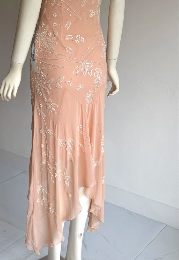 Süßes rosa Pailletten-Perlen V-Ausschnitt unregelmäßiges Meerjungfrauen-Chiffon-Ballkleid Abendkleid P4856