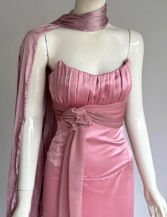 Elegant Pink Strapless Mermaid Back Lace-up Satin Long Prom Dress Evening Dress P4859