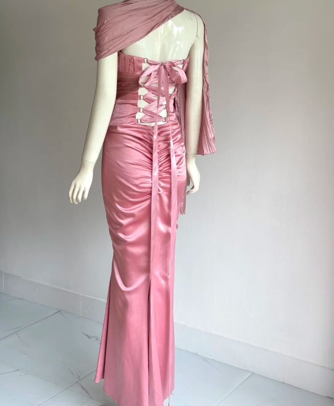 Elegant Pink Strapless Mermaid Back Lace-up Satin Long Prom Dress Evening Dress P4859
