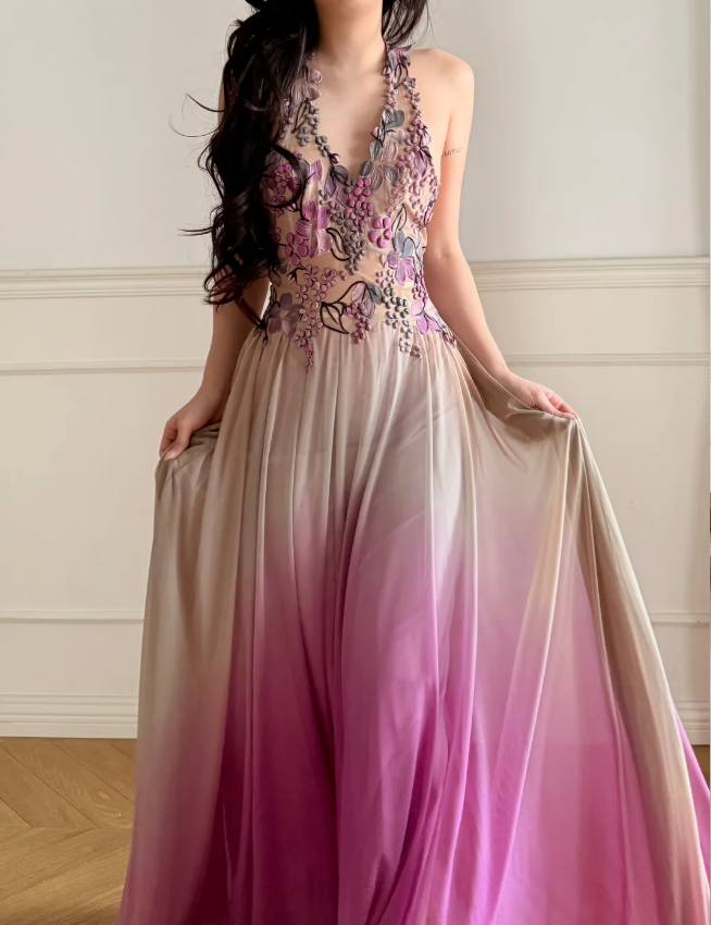 gradient bridesmaid dresses Dreamy Purple Halter 3D Floral Embroidery Backless Tulle Long – PreppyDress Size:16-18 100% European Linen Tank radiating bold tropical charm Date: Classic Style