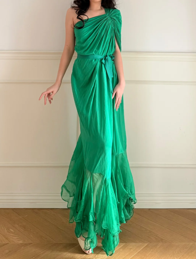 Vintage Emerald Green One Shoulder Knot Ruched Chiffon Long Prom Dress Evening Dress P4869