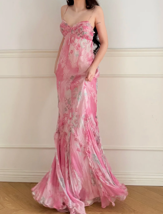 Stunning Pink Print Spaghetti Strap Mermaid Chiffon Long Prom Dress Evening Dress P4870