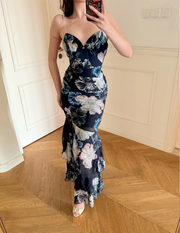 Vintage Dunkelblau bedruckt Spaghettiträger Seitenschlitz Meerjungfrau Chiffon Langes Ballkleid Abendkleid P4875