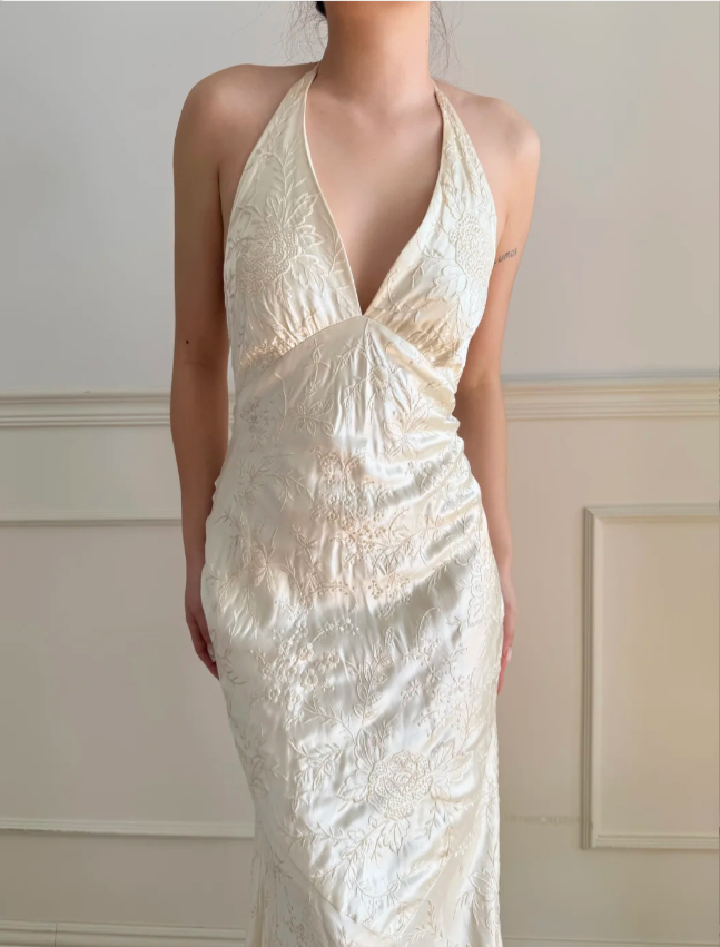 Vintage Elfenbein Neckholder V-Ausschnitt Meerjungfrau Jacquard Satin Langes Ballkleid Abendkleid P4883