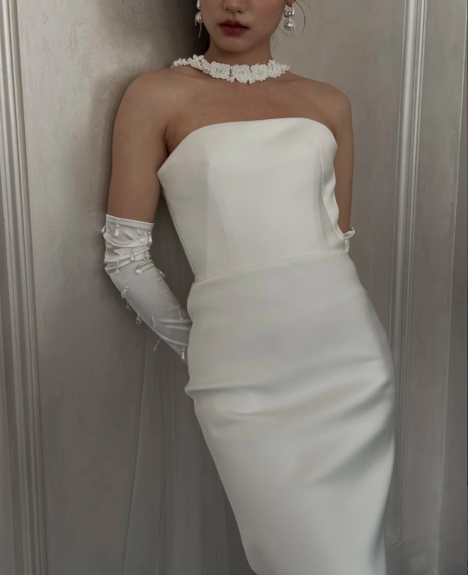 Robe de mariée longue sirène bustier simple en satin blanc P4890