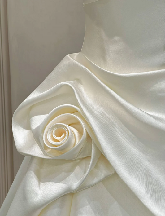 Elegant Ivory Strapless 3D Rose Train Satin Wedding Dress P4892
