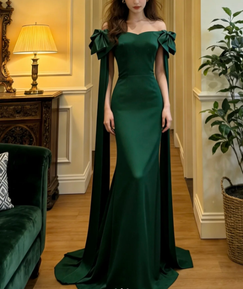Vintage Dark Green Off-Shoulder Bow Streamer Mermaid Satin Train Prom Dress Evening Dress P4896