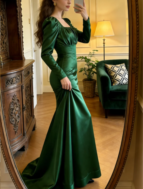 Vintage Dark Green Square Neck Long Sleeve Mermaid Satin Train Prom Dress Evening Dress P4898