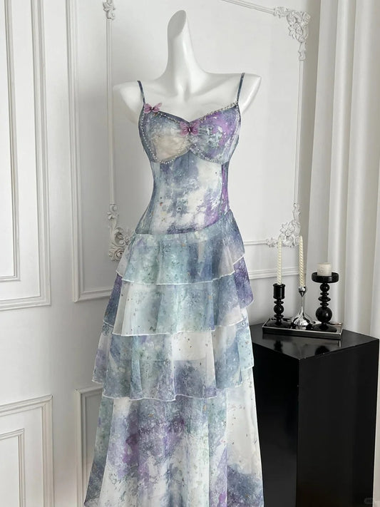 Dreamy Purple And Blue Gradient A-line Spaghetti Strap Cake Chiffon Long Prom Dress Evening Dress P4009