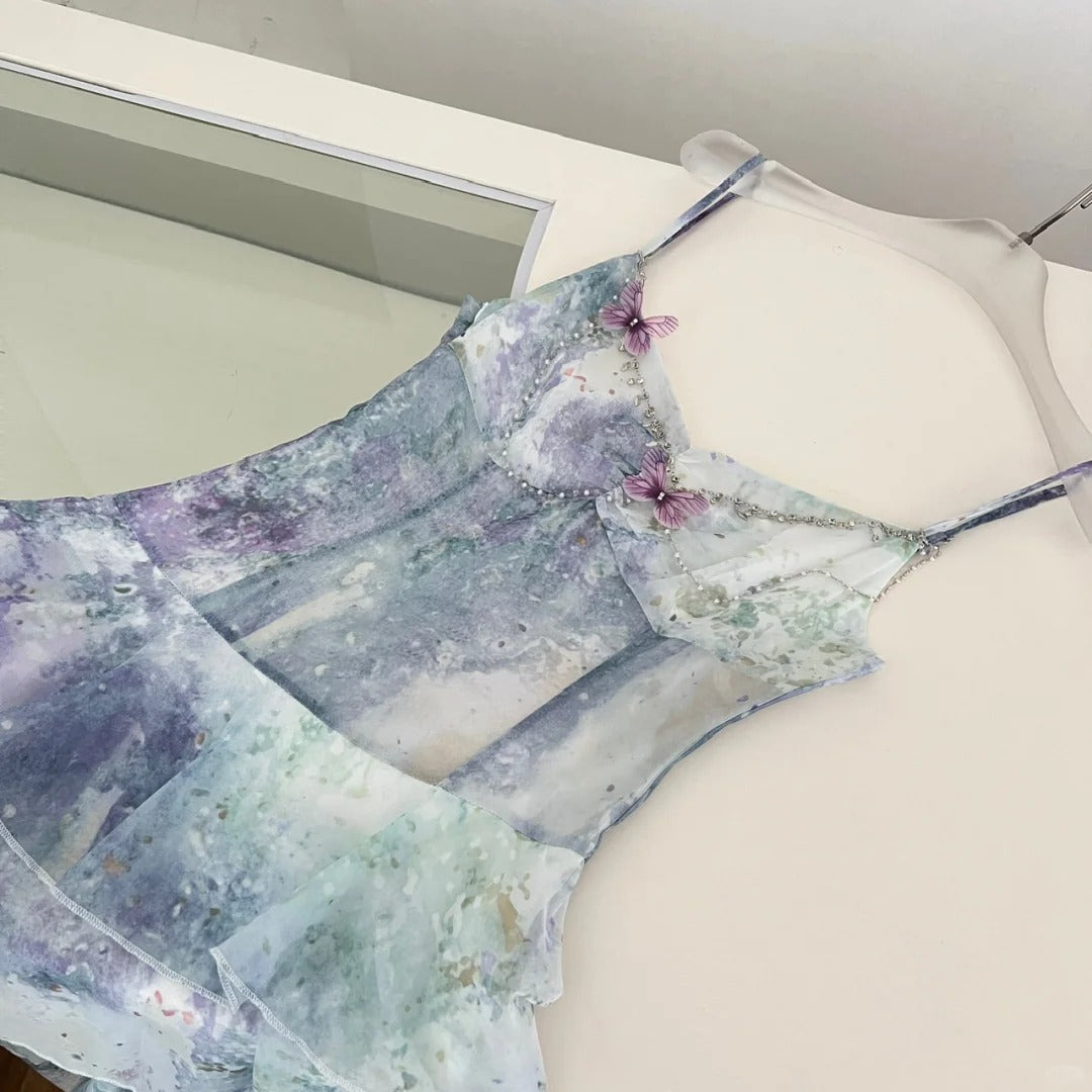 Dreamy Purple And Blue Gradient A-line Spaghetti Strap Cake Chiffon Long Prom Dress Evening Dress P4009