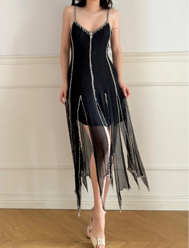 Vintage Schwarzes Spaghettiträger-Kleid mit V-Ausschnitt, rückenfrei, unregelmäßigem Saum, Chiffon, Ballkleid, Abendkleid P4901