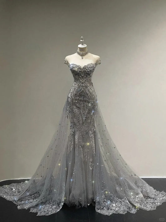 Luxurious And Sparkling Silver Mermaid Off-shoulder Beaded Train Wedding Dress P4091