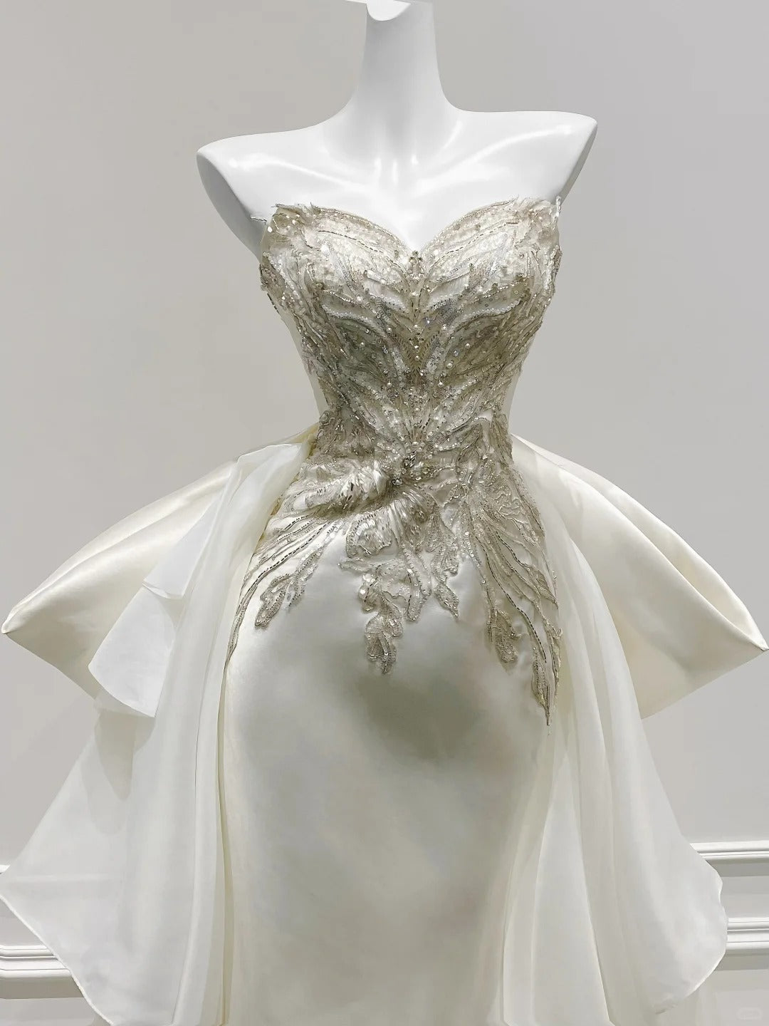 Elegant Ivory Mermaid Strapless Beaded Satin Wedding Dress with Train P4093