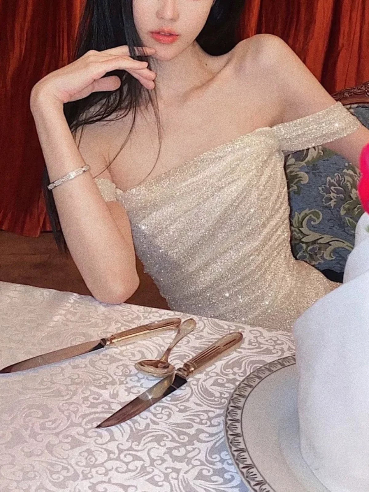 Robe de bal sirène à paillettes et épaules dénudées avec fente, longueur ras du sol, tenue pour 21e anniversaire P1376