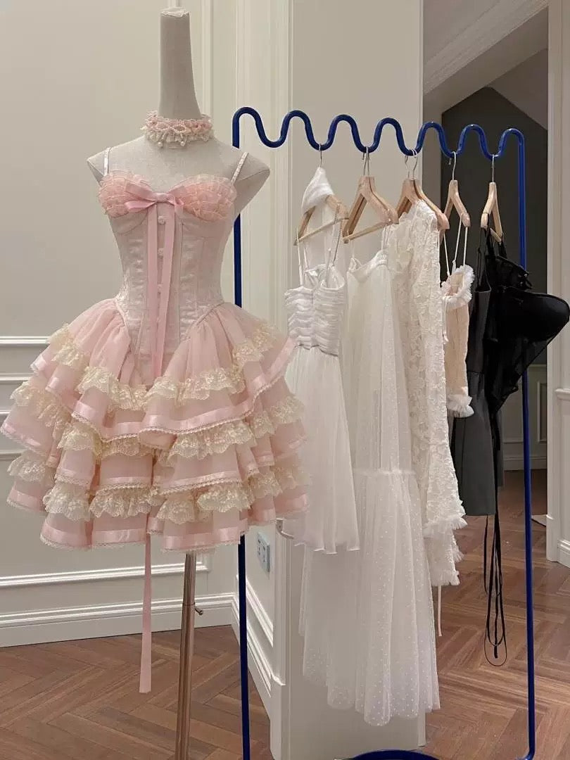 Prinzessin Herzförmiger Kragen Schleife Fischgrätenmuster Spitzenbesatz Flauschiges 17. Geburtstag Homecoming Kleid P3781