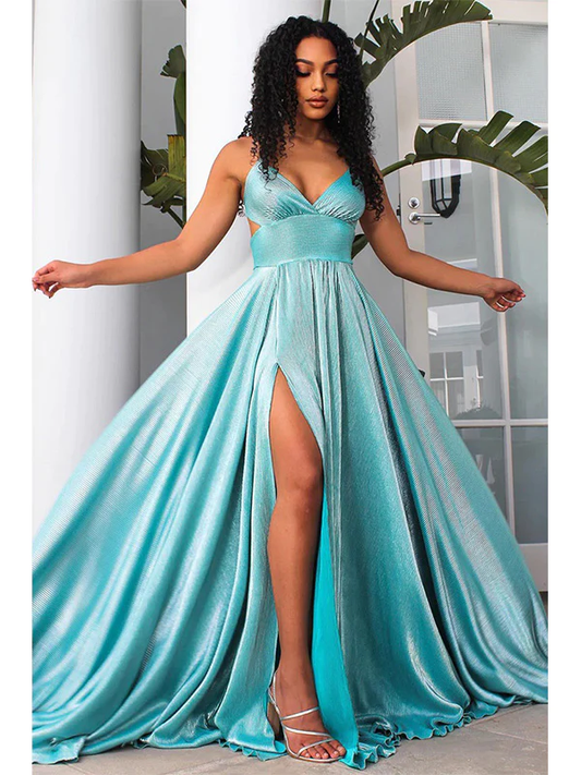 Sexy A-Linie Rückenloses Blaues Schlitz Langes Ballkleid P1003