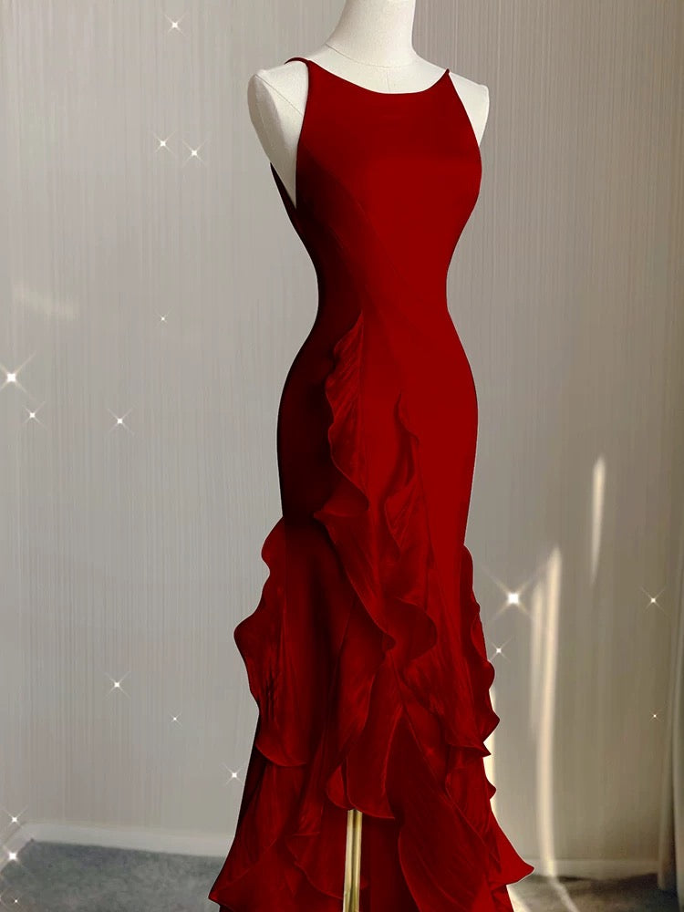 Simple Mermaid Prom Gown With Ruffles Spaghetti Straps Backless Prom Dress For Date P1847