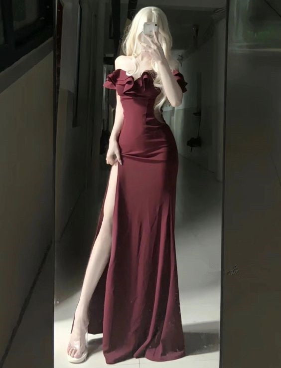 Modest Mermaid Burgundy Slit Prom Dresses 21th Birthday Outfits P1022 - AS PHOTO / US2 Modest Mermaid Burgundy Slit Prom Dresses 21th Birthday Outfits P1022 - AS PHOTO / US2