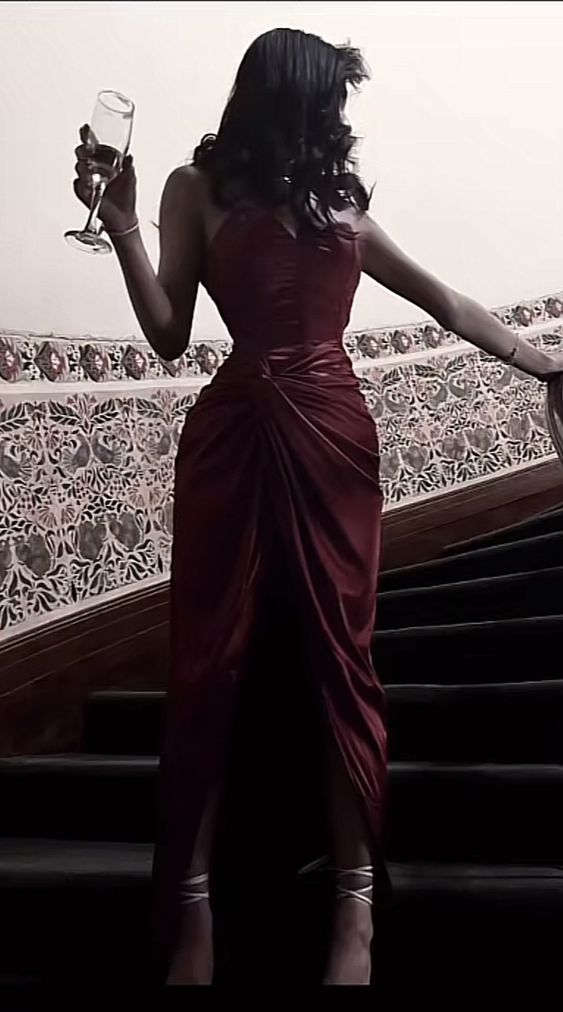 Modest Mermaid Burgundy Slit Birthday Dresses 21th Birthday Outfits P1025