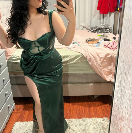 Sexy Meerjungfrau dunkelgrünes Samt-Abendkleid mit langem Schlitz P1034