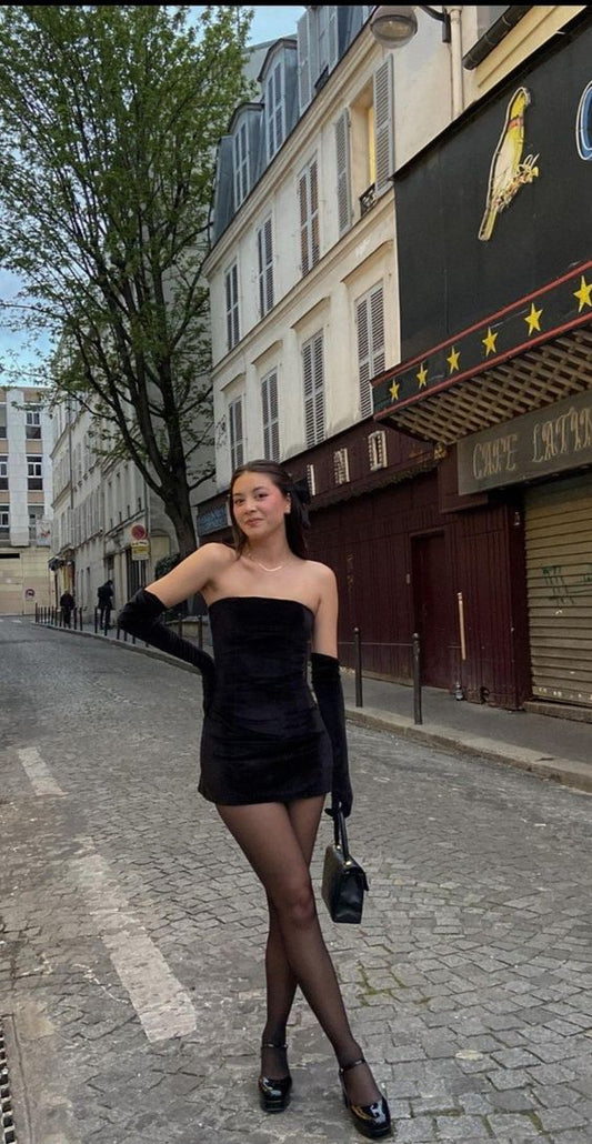 Simple Sheath Strapless 18th Birthday Dresses Black Velvet Birthday Outfits P1037