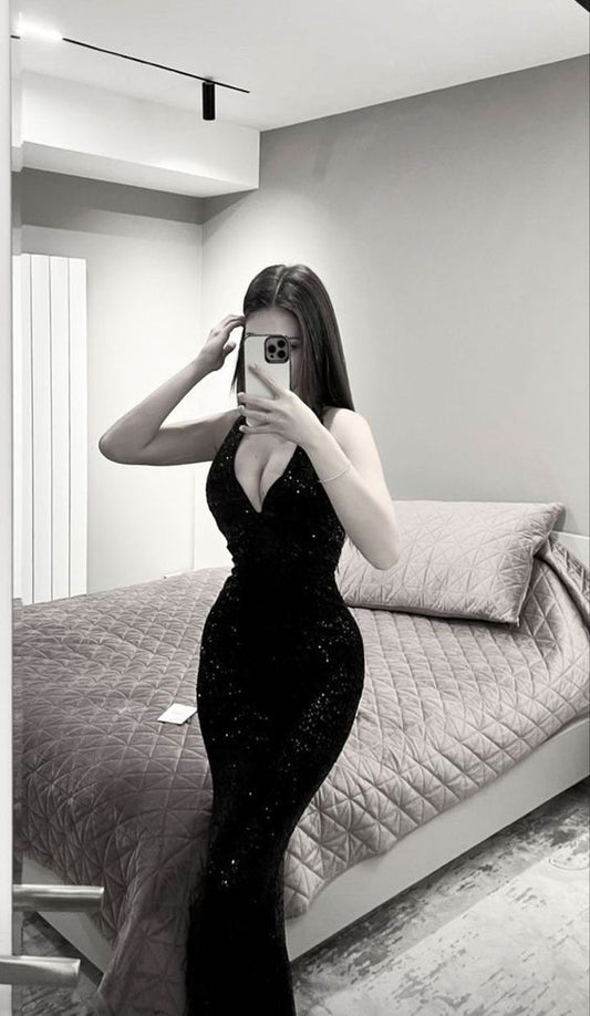 Sexy Meerjungfrau Schwarz Pailletten Langes rückenfreies Ballkleid P1047