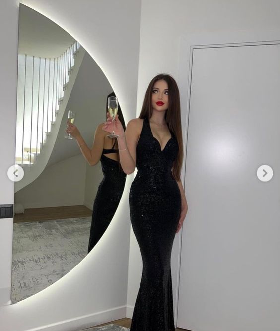 Sexy Meerjungfrau Schwarz Pailletten Langes rückenfreies Ballkleid P1047