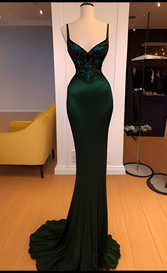 Meerjungfrau-Träger Dunkelgrünes Satin-Langes Abschlussballkleid P1061