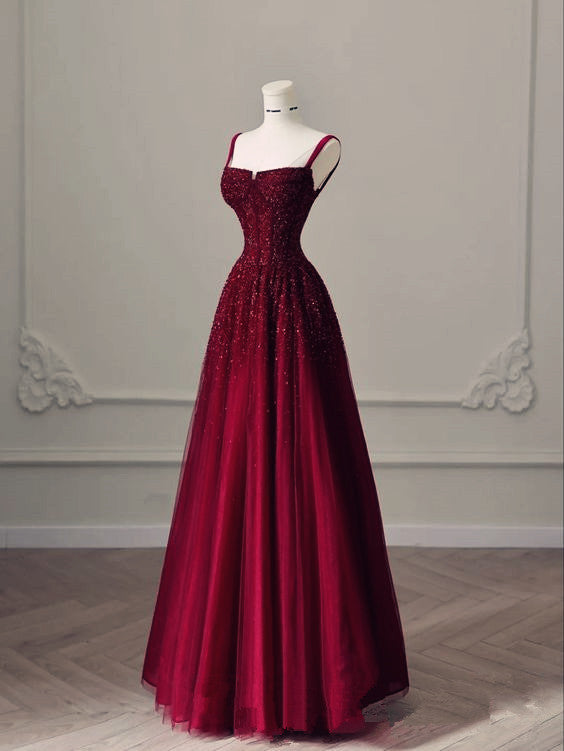 Burgundy Prom Dresses A line Straps Tulle Evening Dresses P1081 PreppyDress Burgundy Prom Dresses A line Straps Tulle Evening Dresses P1081 PreppyDress