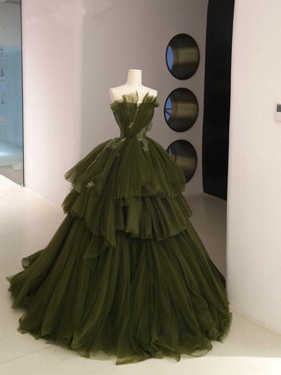 Robe de soirée bustier longue en tulle vert P1084