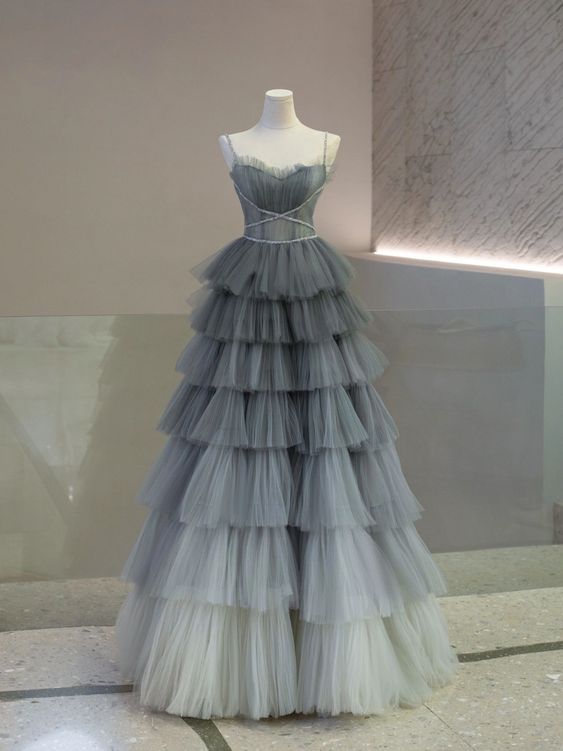 Ball Gown Strapless Tulle Long Gray Prom Dress Evening Dresses P1085