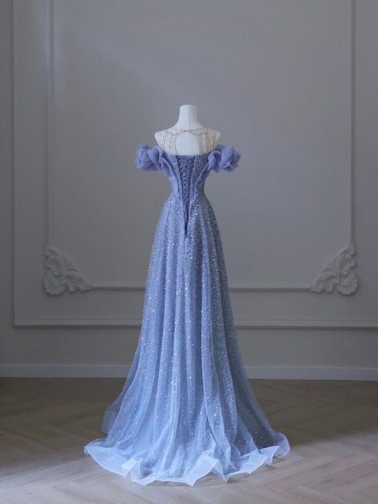 Robe de soirée longue de bal bleue à épaules dénudées P1087