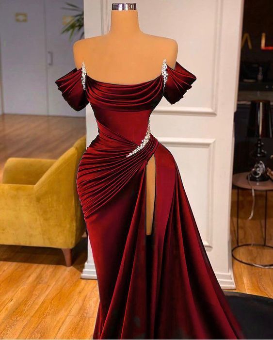 Mermaid Strapless Burgundy Long Slit Prom Dress Evening Dresses P1092