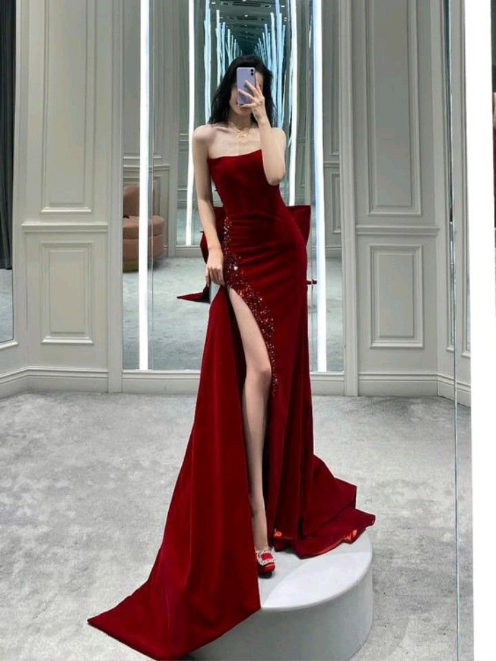 Sexy Mermaid Strapless Red Long Slit Prom Dress Evening Dresses P1093 Sexy Mermaid Strapless Red Long Slit Prom Dress Evening Dresses P1093